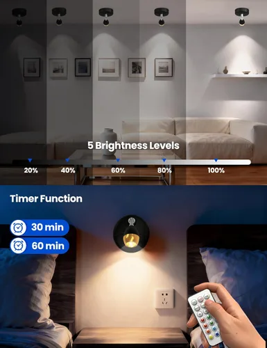 Miniatura 4 de KINDEEP Focos para interiores con control remoto: iluminación ascendente a batería, luces LED inalámbricas, temporizador y regulable, focos pequeños