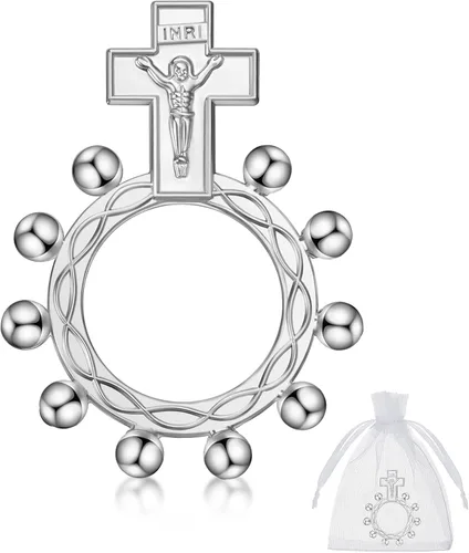 Miniatura 7 de Landical Conjunto de Recuerdos de Bautismo Anillos de Rosario Religiosos para Dedos a Granel Cruz Pequeña de Bolsillo Oración Anillos Católicos