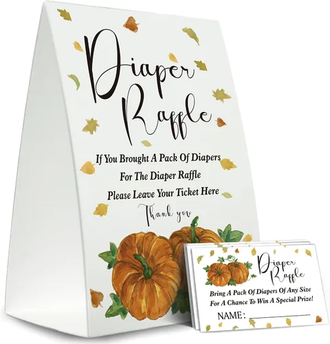 Cartel de sorteo de pañales de otoño para baby shower, kit de juego para baby shower (1 letrero de pie + 50 tarjetas de adivinanzas), baby shower de
