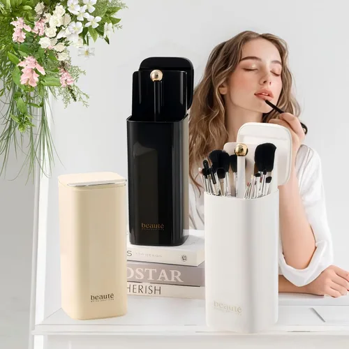 Miniatura 3 de DASITON Soporte para brochas de maquillaje con tapa, organizador de brochas de maquillaje de 4 ranuras, organizador de cosméticos de maquillaje