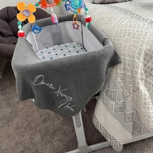 Miniatura 2 de Manta de punto de algodón con nombre bordado personalizado para bebé, niño, niña, manta suave para baby shower, manta transpirable para cochecito
