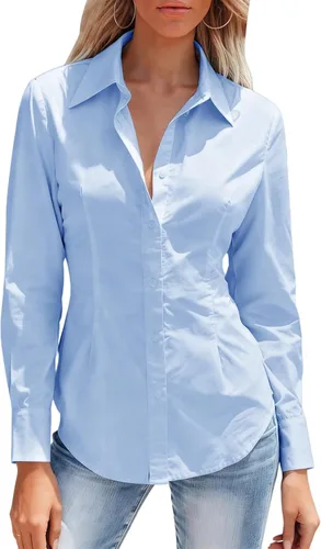 Miniatura 16 de Camisas con botones para mujer ajustadas, camisa de vestir de manga larga, blusa con cuello, camisa de trabajo, para negocios, para oficina, atuendo