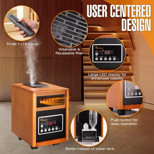 Miniatura 5 de Dr Infrared Heater DR-998, 1500W, Calentador de Espacio con Humidificador, Ventilador Oscilante y Control Remoto (Cherry)