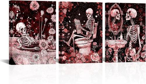 Miniatura 3 de FuShvre Decoración de esqueleto para baño, cuadros artísticos de pared de esqueleto Moody para baño, pintura gótica para decoración del hogar, Negro