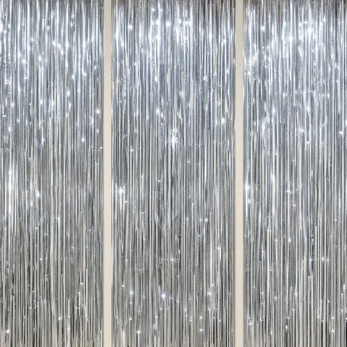 Miniatura 20 de DECOCKRAT Paquete de 3 Telón de Fondo de Flecos de Papel Aluminio - Cortinas de Oropel Negro Brillante para Decoración de Fiestas/Accesorios
