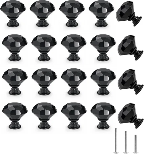 Miniatura 9 de 6 pomos de cristal de cristal de 1.18 pulgadas para cajones, pomos negros en forma de diamante, manijas con tornillos para cocina, baño, tocador