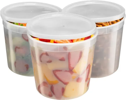 GUSTO [10 juegos – 86 oz. contenedores desechables de plástico para almacenamiento de alimentos con tapas, cubo de helado y cubo de sopa, paquete