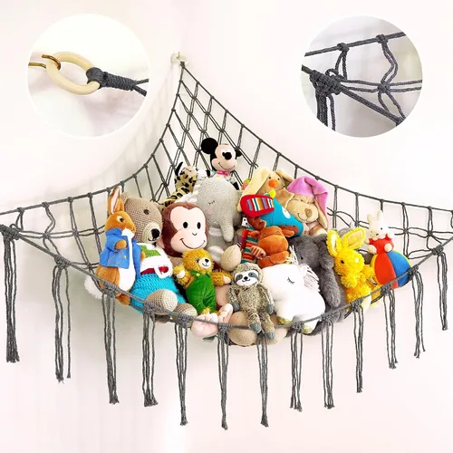 Miniatura 7 de ABBY BABY Hamaca grande para animales de peluche, almacenamiento de animales de peluche, red de macramé 100% algodón natural, organizador
