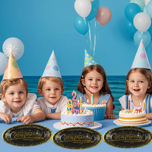 Miniatura 7 de 72 PIEZAS Platos y Servilletas de Feliz Cumpleaños Suministros para Fiestas, Platos y Servilletas de Papel con Puntos Negros y Dorados con Tenedores
