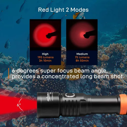 Miniatura 2 de ORCATORCH D530 Luz LED Roja de Buceo, 210 Lúmenes, Ángulo de Haz Estrecho de 6 Grados, Interruptor Lateral de Aleación de Titanio, 2 Modos de rojo