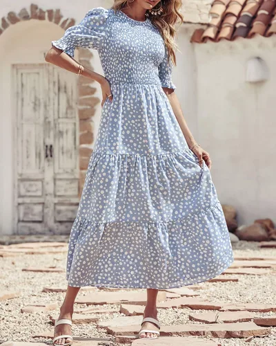 Miniatura 107 de BTFBM Vestidos para mujer, cuello redondo, casual, de verano, con volantes, manga corta, bohemio, con niveles, fruncido, largo, con estampado floral