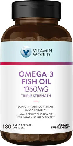 Vitamin World Suplemento de aceite de pescado Omega 3 Triple Strength de 1360 mg, 950 mg de ácidos grasos omega-3 activos con EPA y DHA, apoya la