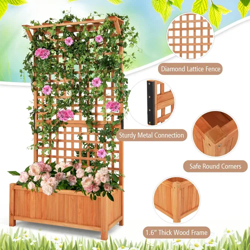 Miniatura 7 de S AFSTAR Cama de jardín elevada con enrejado, maceta elevada de madera con techo colgante y enrejado trepador, 4 agujeros de drenaje, contenedor