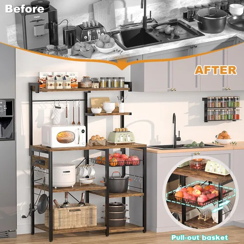 Miniatura 8 de Aheaplus Estante de panadería con toma de corriente y tiras de luces LED, soporte para horno de microondas, estante de almacenamiento de cocina