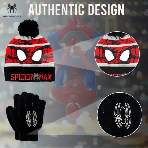 Miniatura 5 de Marvel Spider-Man - Gorro de invierno y guantes de nieve para niños y niños pequeños, juego de 2 piezas, gorro con pompones y guantes cálidos