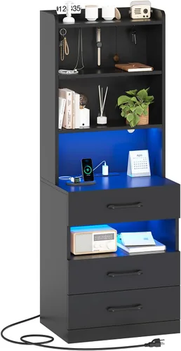AOGLLATI Mesita de noche alta con estación de carga y luces LED, mesita de noche con 3 cajones y estantes de almacenamiento, mesita de noche con