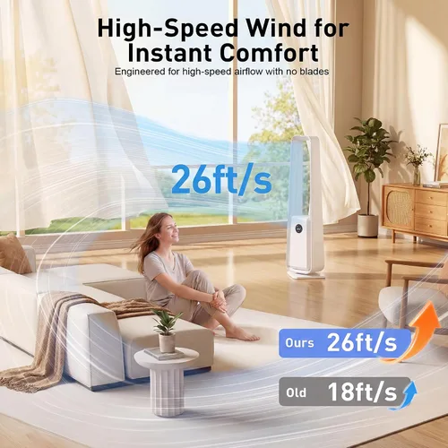 Miniatura 2 de Ventilador de torre sin aspas de 36 pulgadas para dormitorio, potente ventilador de pie de 25 pies con control remoto, 4 colores LED, 12