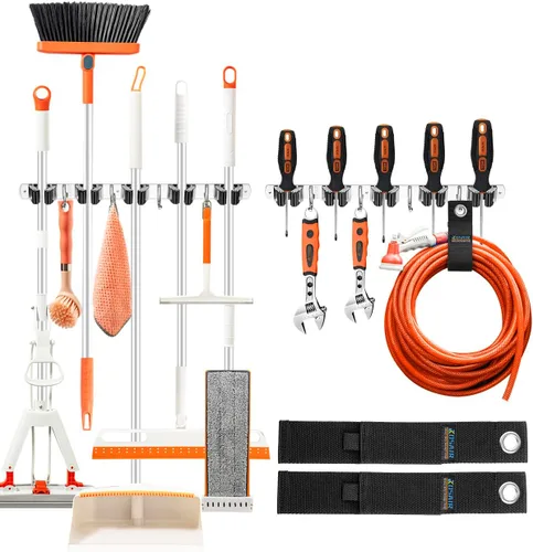 Paquete de 2 soportes de pared para escobas con correa de almacenamiento resistente de 13 pulgadas, 5 ranuras y 4 ganchos, soporte para escoba,