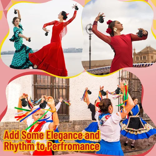 Miniatura 6 de Paquete de 2 castañuelas españolas de flamenco con cuerda, castañuelas de percusión de mano de madera tradicional para adultos, instrumento musical