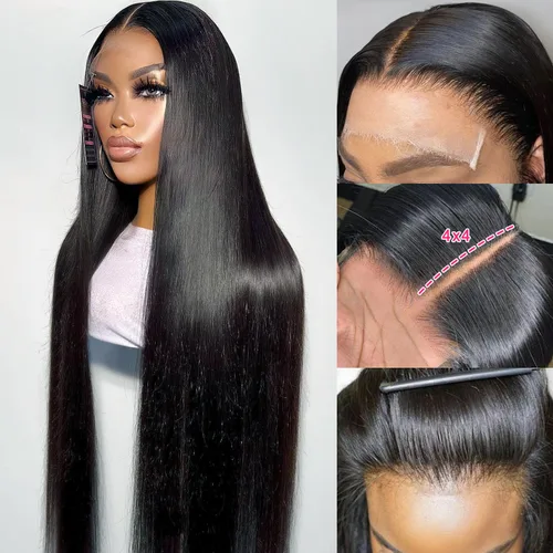 Miniatura 28 de mengkai Pelucas de cabello humano de 32 pulgadas con encaje frontal de 13x6, cabello humano predesplumado liso, peluca frontal de encaje HD