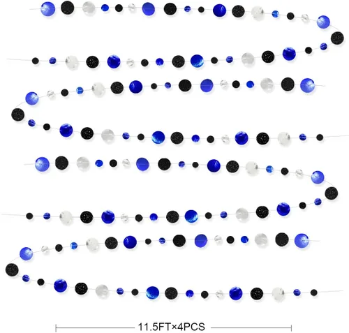 Miniatura 2 de Guirnalda de 46 pies de puntos circulares azul marino, negro y plateado, serpentina de lunares azul real y negro para cumpleaños, graduaciones