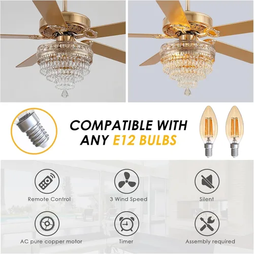 Miniatura 4 de Ventilador de Techo de Cristal Fandelier con Luces - 52" Ventilador Moderno para Exteriores con Control Remoto, Motor AC Silencioso, Iluminación