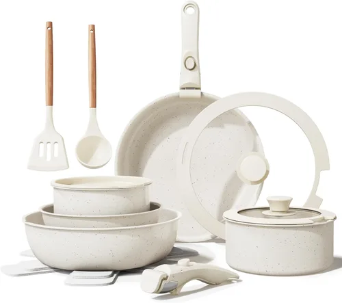Bazova Juego de utensilios de cocina antiadherentes de cerámica, saludable, no tóxico, juego de ollas y sartenes de 17 piezas, asas extraíbles,