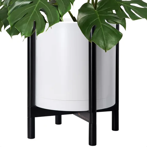 Miniatura 58 de Maceta de D'vine Dev con soporte - Maceta de flores de cilindro de plástico de 8.0 pulgadas con soporte de madera para interiores, maceta mate negra
