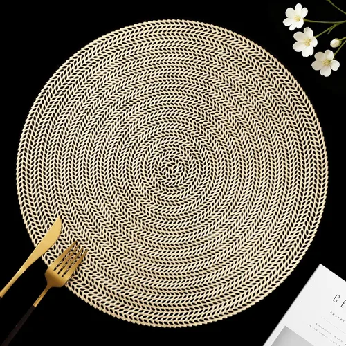 Miniatura 12 de FAVE Juego de 6 manteles individuales redondos de vinilo dorados, manteles individuales lavables calados con borlas para decoración de mesa, uso