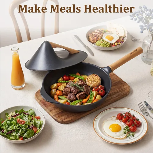 Miniatura 8 de Sartén antiadherente con tapa, sartén de 10 pulgadas de profundidad, sartenes de cerámica sin toxinas, sartén saludable no tóxica con mango