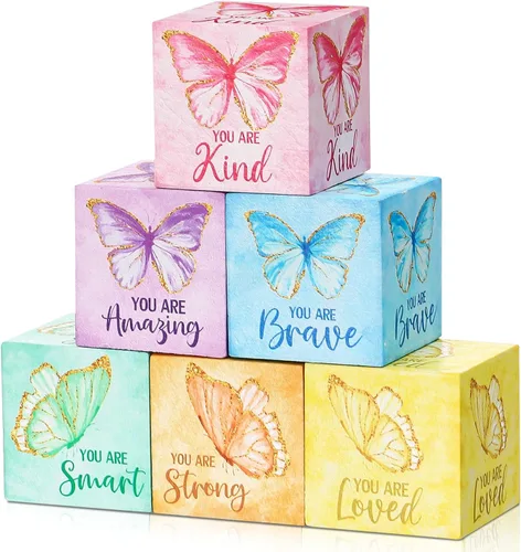 Miniatura 7 de 6 piezas de decoración bohemia para cuarto de bebé, diseño de mariposa arco iris, decoración de guardería para bebé y niño, bloque de madera