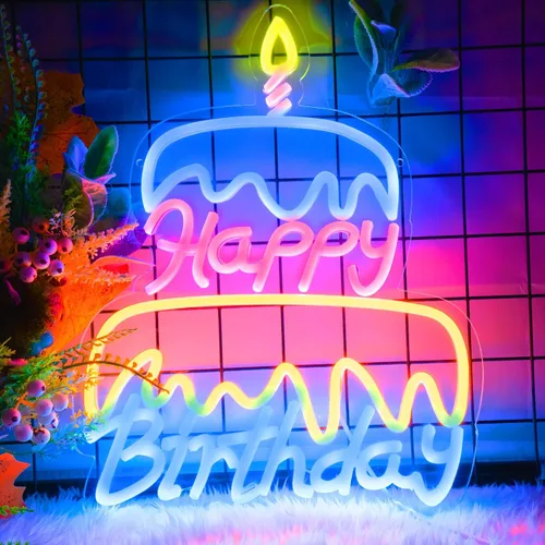 Letrero de neón con luces LED de neón de feliz cumpleaños, letrero de neón rosa para dormitorio, letrero LED alimentado por USB, para decoración de