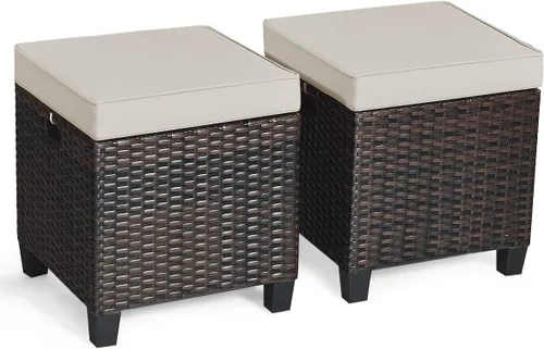 Miniatura 16 de Tangkula - 2 asientos otomanos de patio, mesa lateral de ratán PE tejido a mano de Patiojoy con cojín extraíble y espacio de almacenamiento oculto