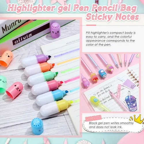 Miniatura 5 de Sabary Kawaii - Juego de papelería – Bolsa telescópica para lápices Boba, lápiz de tinta de gel, resaltador de píldoras de té de burbujas