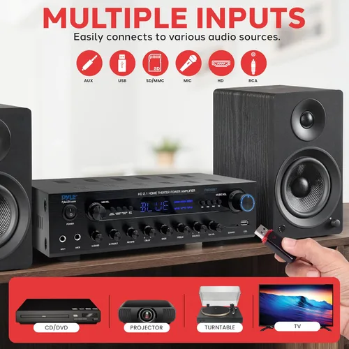 Miniatura 6 de Pyle Receptor Amplificador Estéreo de 400W - Amplificador de Audio BT para el Hogar con Lectores USB/SD, Radio FM, Aux de 3.5mm, Fono, Entradas