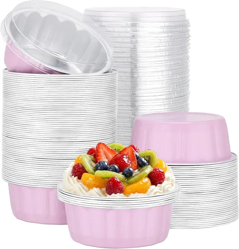 Miniatura 14 de Beasea Ramequines con tapas, 8oz 50 unidades de tazas de aluminio desechables para hornear, tazas de papel de aluminio plateado para creme brulee