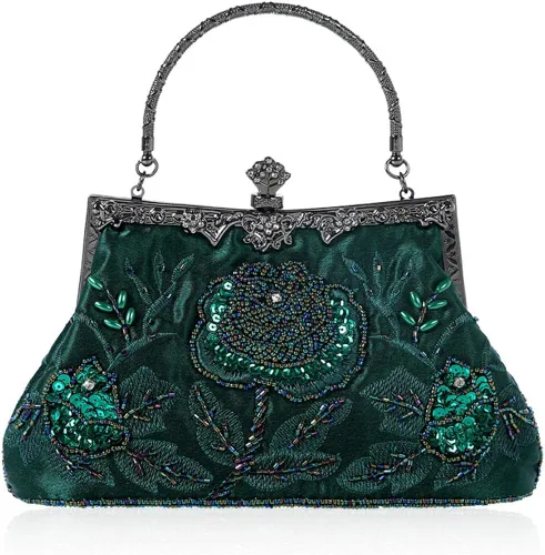 KISSCHIC Bolso de mano para mujer, estilo vintage, con cuentas bordadas, lentejuelas, para boda, fiesta, bolso de mano