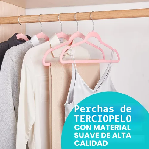 Miniatura 2 de HOUSE DAY - Paquete de 50 ganchos de terciopelo premium en color rosa, ganchos de fieltro aterciopelados antideslizantes, percha de ropa resistente