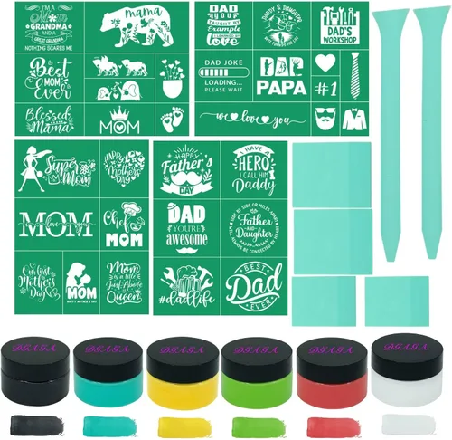 DGAGA 16 plantillas de pantalla de seda para papá y mamá y pasta de tiza, mini espátulas de serigrafía, plantillas reutilizables para manualidades,
