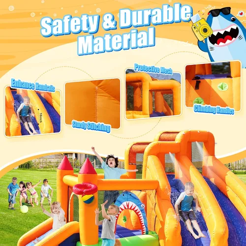 Miniatura 6 de Casa inflable de rebote, tobogán acuático triple para niños con doble cañón, pared de escalada, salto, piscina de chapoteo, aro de baloncesto