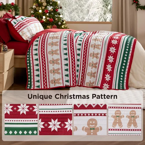 Miniatura 7 de Bedsure Edredón de Navidad tamaño Queen, edredón rojo para cama tamaño Queen, ropa de cama de Navidad con patrón de rayas de hombre de jengibre - 16