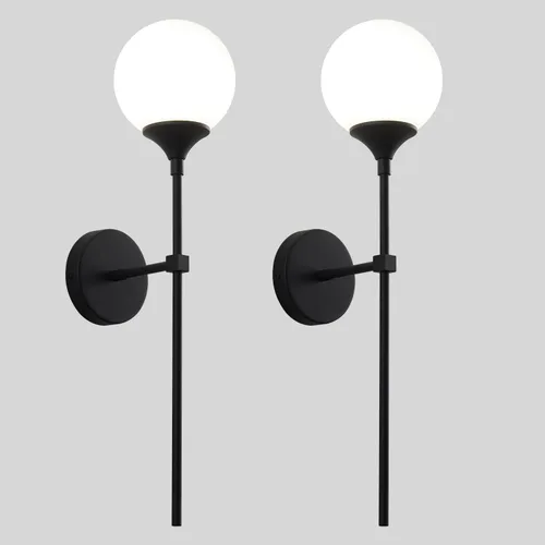 Miniatura 14 de KCO Mid-Century - Juego de 2 apliques de pared modernos con globo de vidrio ámbar con brazo largo, lámparas de pared industriales doradas
