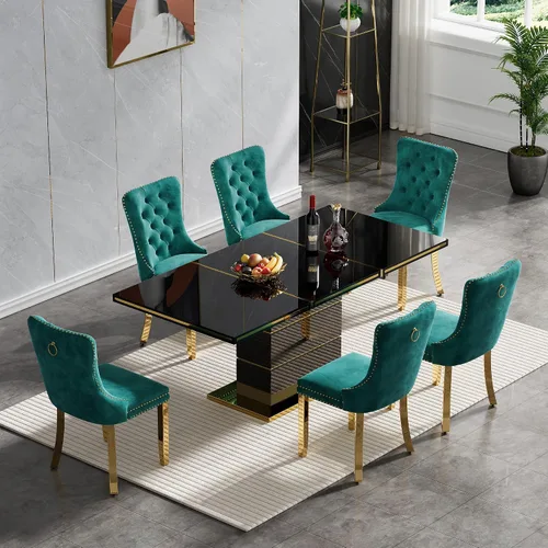 Miniatura 11 de Juego de 5 mesas de comedor negras brillantes para 4, mesa de cocina moderna de madera de alto brillo con 4 sillas de terciopelo beige, mesas
