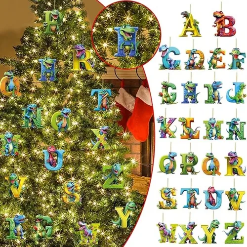 Miniatura 3 de Adorno de Navidad personalizado de dinosaurio de 26 letras, adornos colgantes 2023, monograma inicial de plástico, decoraciones de árbol de Navidad