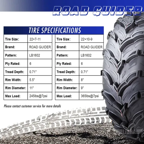 Miniatura 3 de ROADGUIDER Juego de 4 neumáticos ATV/UTV 22x7-11 delanteros y 22x10-9 traseros /6PR 20mm de profundidad compatible con Honda Recon 250 Suzuki Ozark