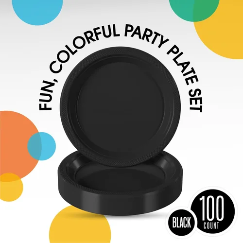 Miniatura 3 de Exquisitos platos de plástico negro Party Solids para fiesta, platos desechables negros de 7 pulgadas, juego de vajilla de plástico resistente, 100