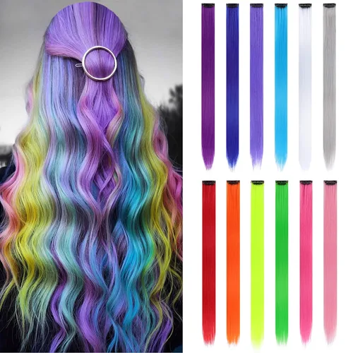Paquete de 12 extensiones de cabello de colores arcoíris, mechones para fiestas, 22 pulgadas, extensiones de cabello coloridas con clip, mechones