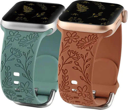 Miniatura 14 de Paquete de 2 correas deportivas grabadas con flores compatibles con correas de Apple Watch de 1.496 pulgadas, 1.575 pulgadas, 1.614 pulgadas