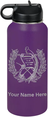 Miniatura 46 de LaserGram Botella de agua personalizada, bandera de Guatemala, acero inoxidable de doble pared aislada al vacío con popote superior, regalo grabado
