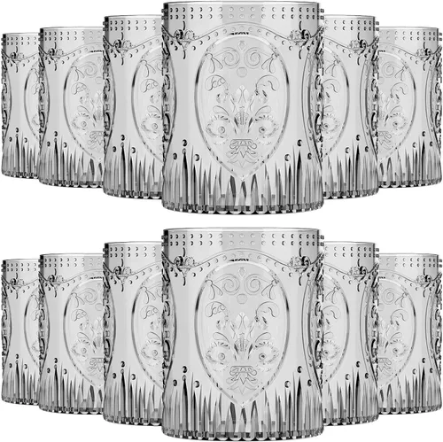 Miniatura 20 de Qinyoung 24 Vasos de Plástico Vintage para Beber de 8.5oz Copas de Vino Retro en Relieve Sin Pie Irrompibles Reutilizables para Baby Shower Negro
